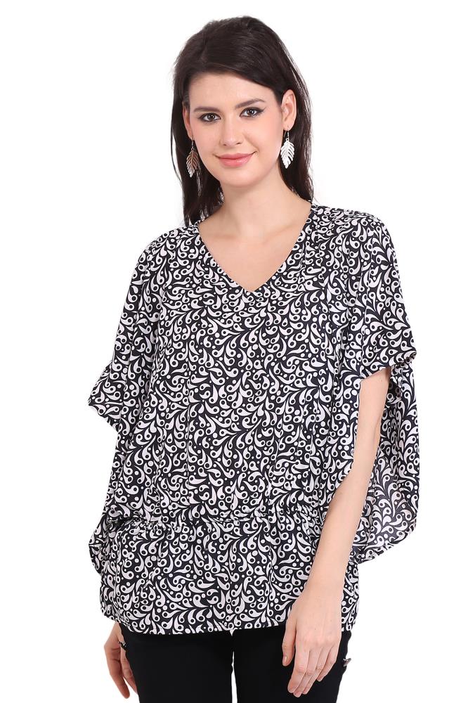 Poly Crepe Printed Black Balloon Short Sleeve Round Neck Top Buy at ...